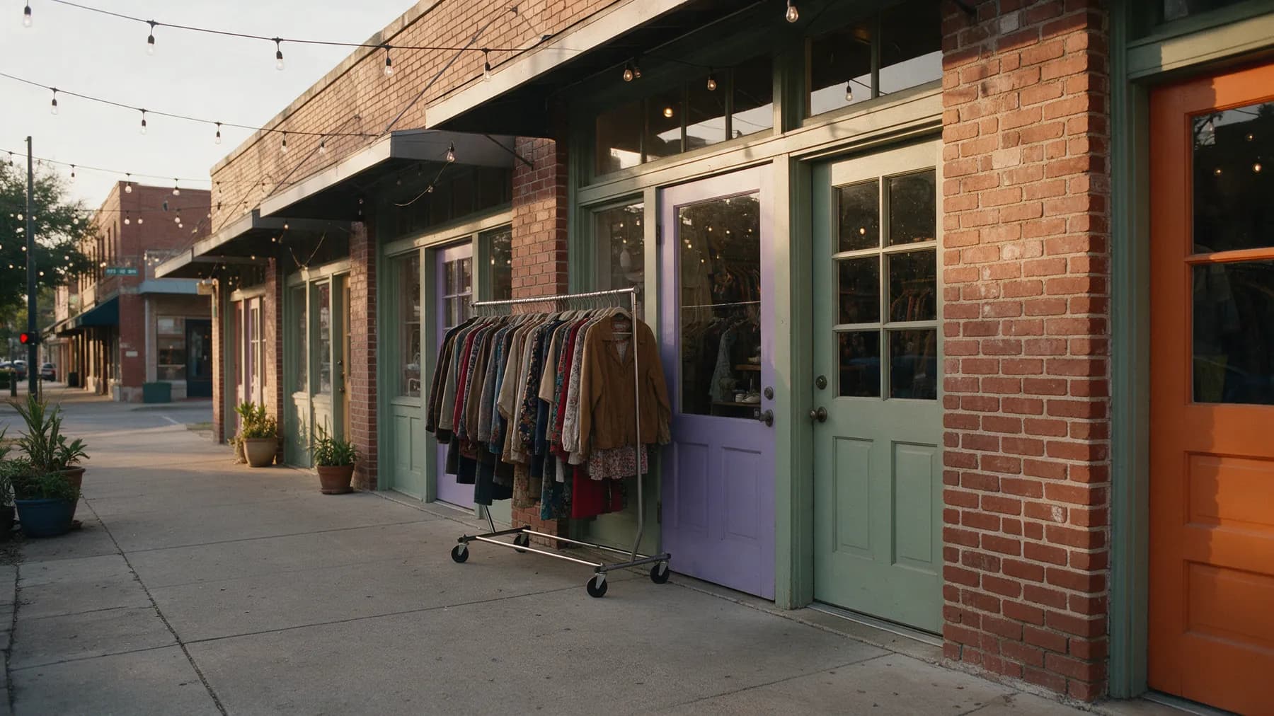 Low brick storefronts at golden hour with sage, lavender and orange doors and a rack of vintage clothes on the sidewalk.
